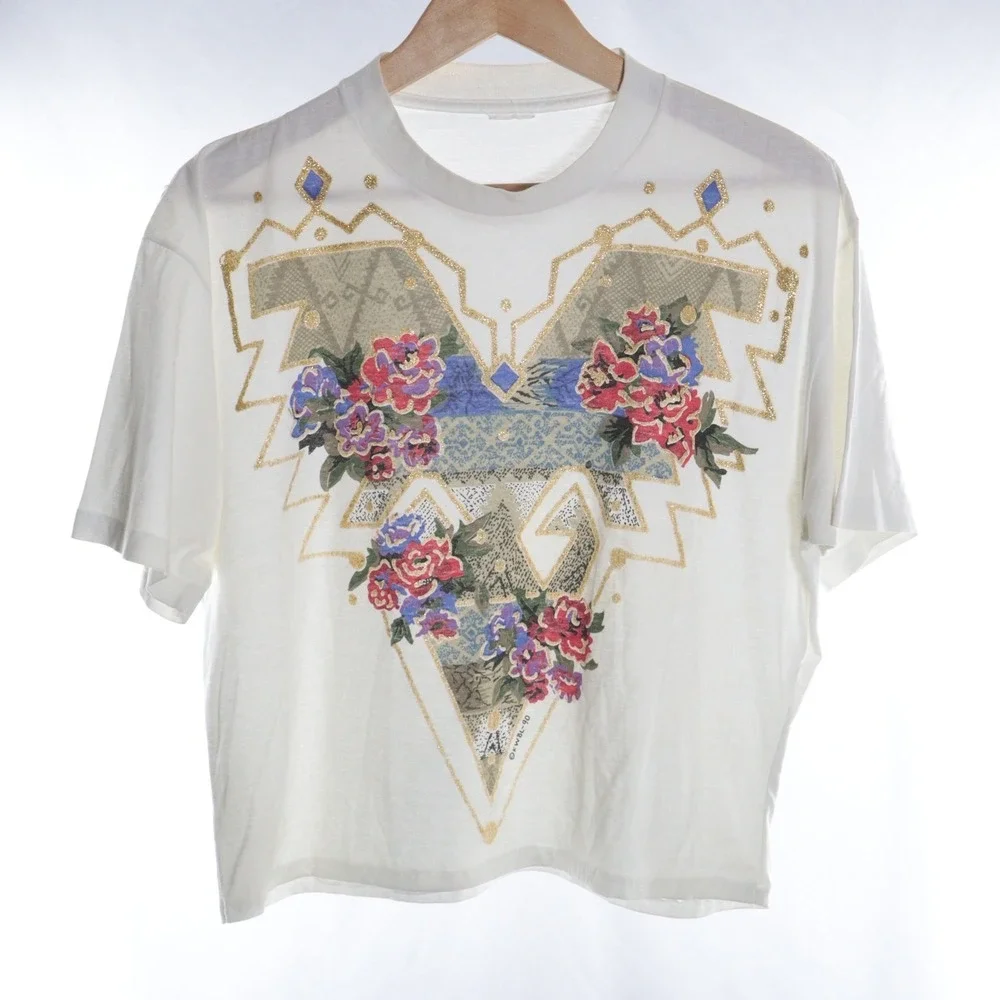 Vintage T Shirt Top‎ Women White Floral Glitter Cotton Single Stitch 90s Large